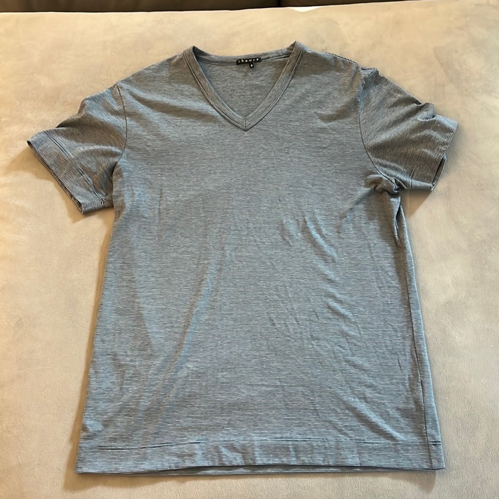 Perfect condition Mens M Theory blue and white striped V neck T shirt